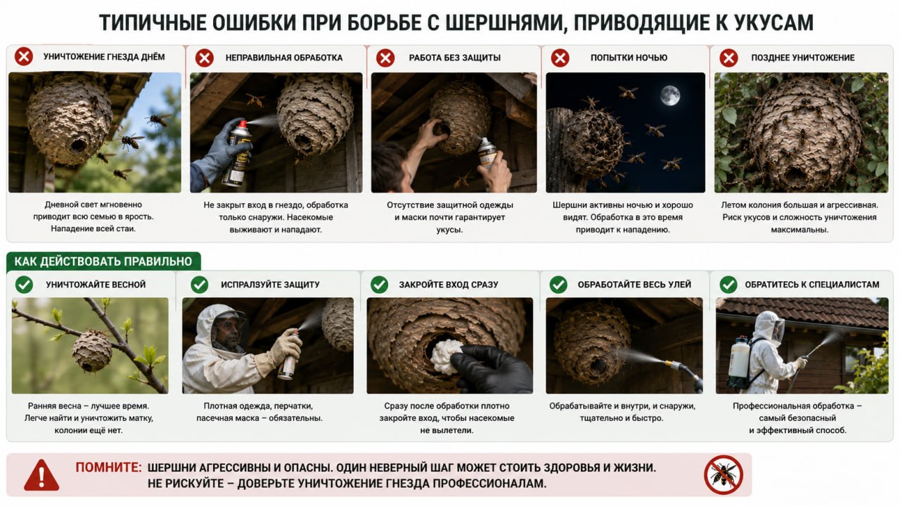 Типичные ошибки при борьбе с шершнями, приводящие к укусам